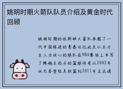 姚明时期火箭队队员介绍及黄金时代回顾